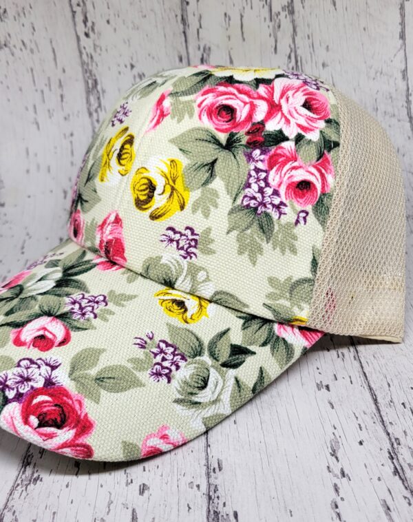 Floral Hat w/ Velcro Back - Cream