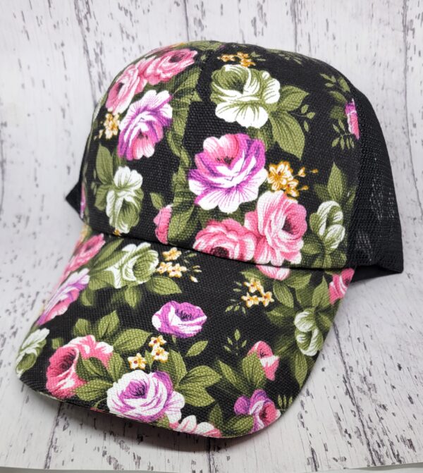 Floral Hat w/ Velcro Back - Black