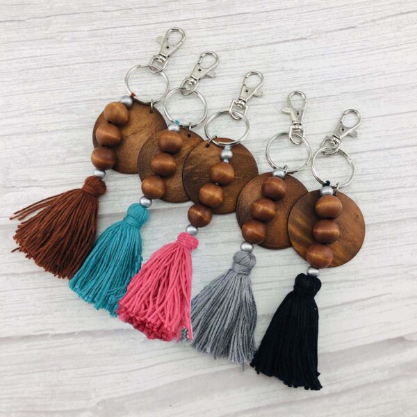 Wood Bead Keychain w/ Tassel - 5 Colors to Choose From