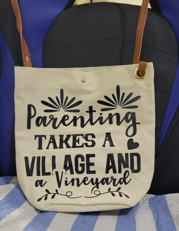 Canvas Tote Bag - Parenting Takes a Village and a Vineyard - Small 12" x 12