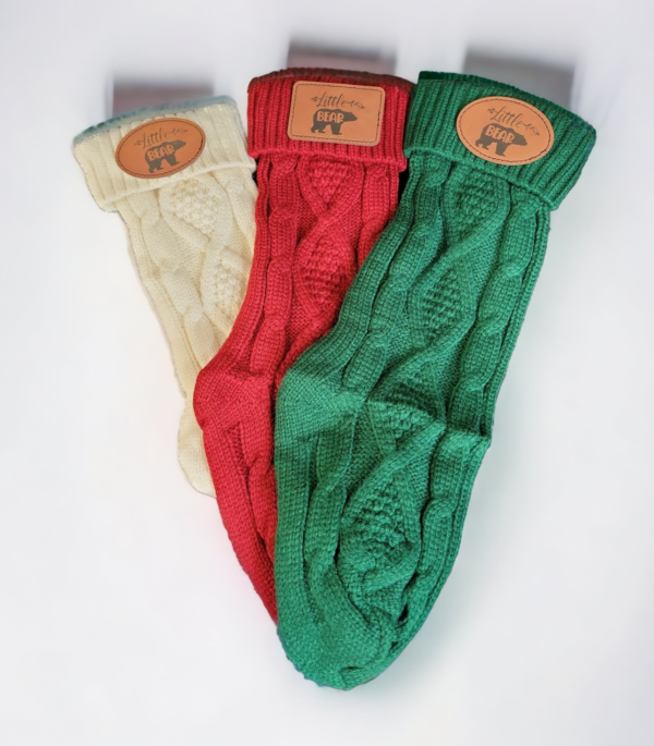 Cable Knit Christmas Stocking with Patch- White, Green, Burgundy