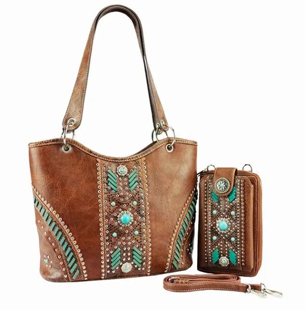 Brown w/ Turquoise Accents Purse & Mini Crossbody